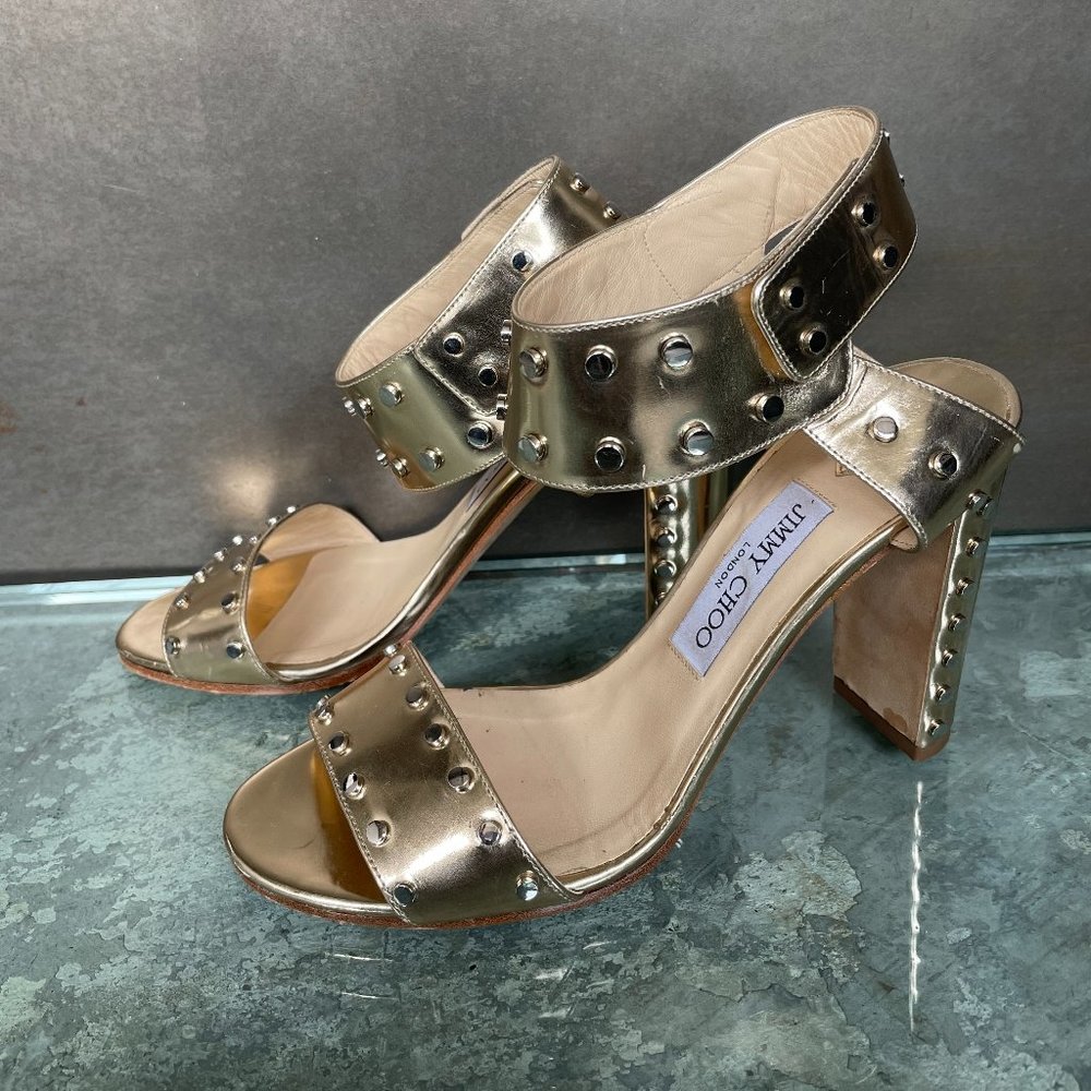 Authentic Jimmy Choo Metallic Gold Veto Studded Leather Ankle Strap Open Toe